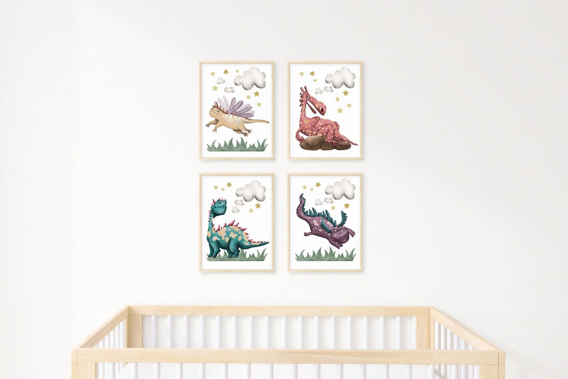 Nursery Dragon Decor, Dragon Wall Art, Whimsical Digital Nursery, Gender Neutral Nursery, Watercolor Dragon prints, Fantasy Dragon Theme Main image