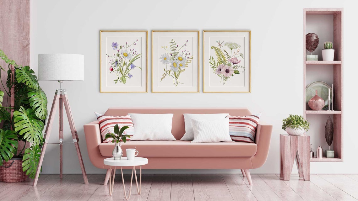 Wildflowers Print, Floral Set of 3 Prints, Wildflowers Daisy Illustration, Abstract Flowers Wall Art, Farmhouse Décor