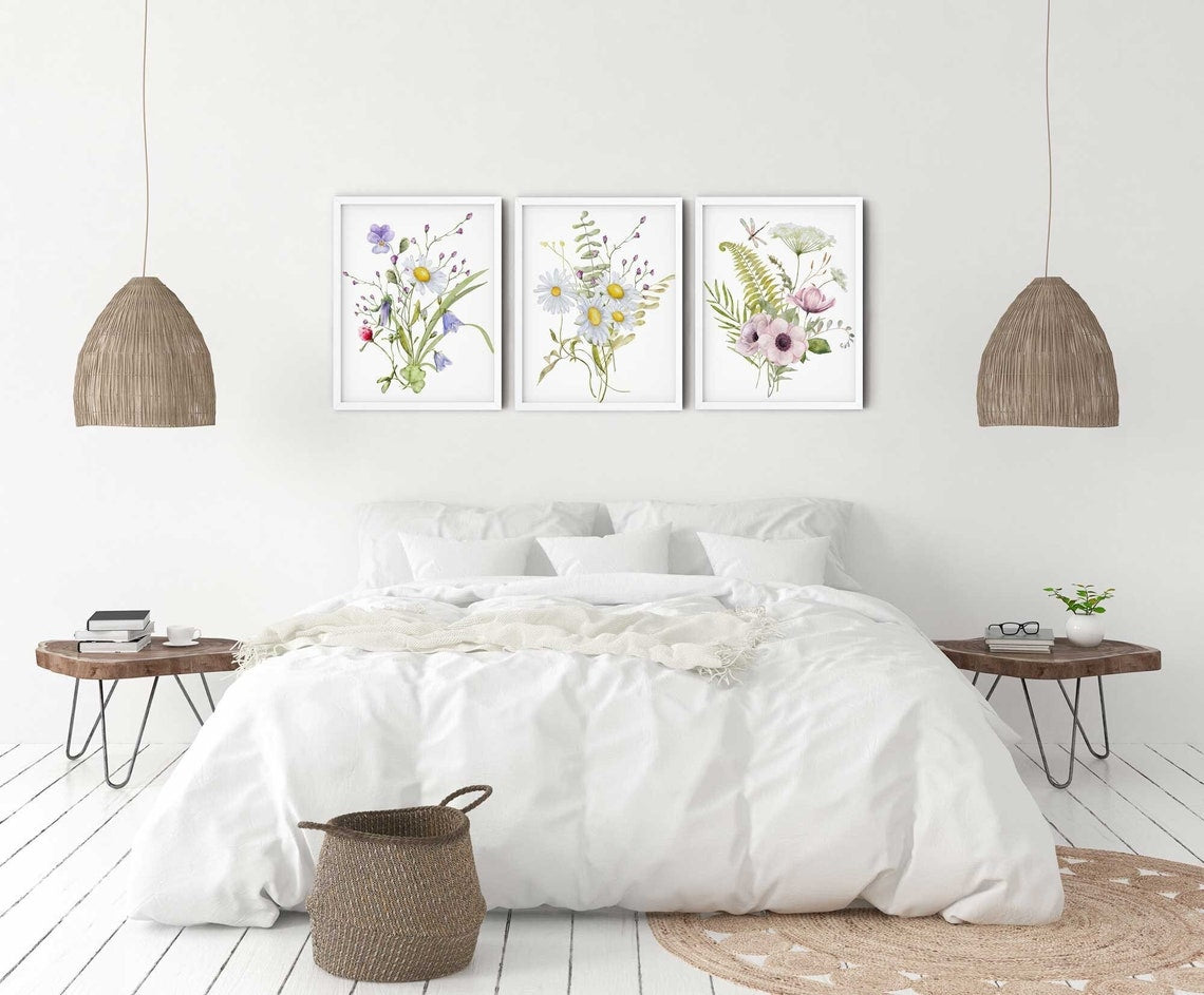 Wildflowers Print, Floral Set of 3 Prints, Wildflowers Daisy Illustration, Abstract Flowers Wall Art, Farmhouse Décor