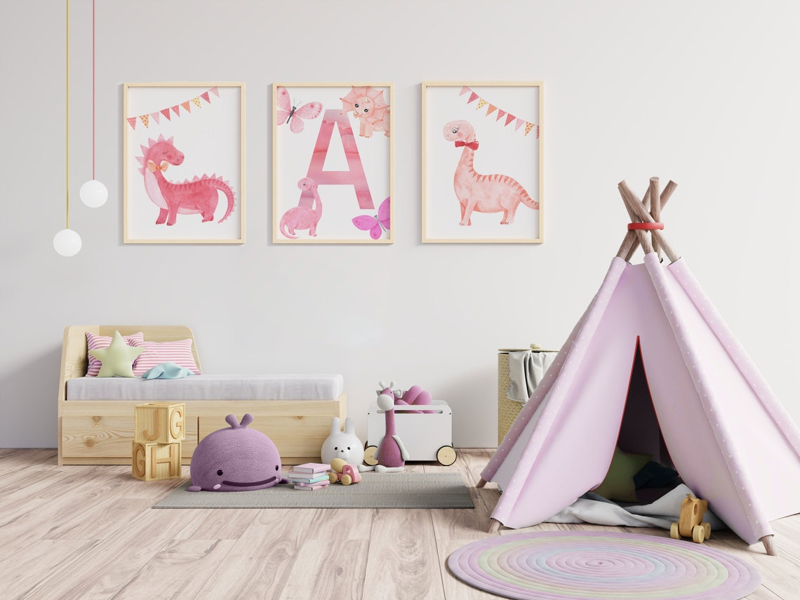 Blush Pink Dinosaur Nursery Art, Customized Girl Nursery Wall Art