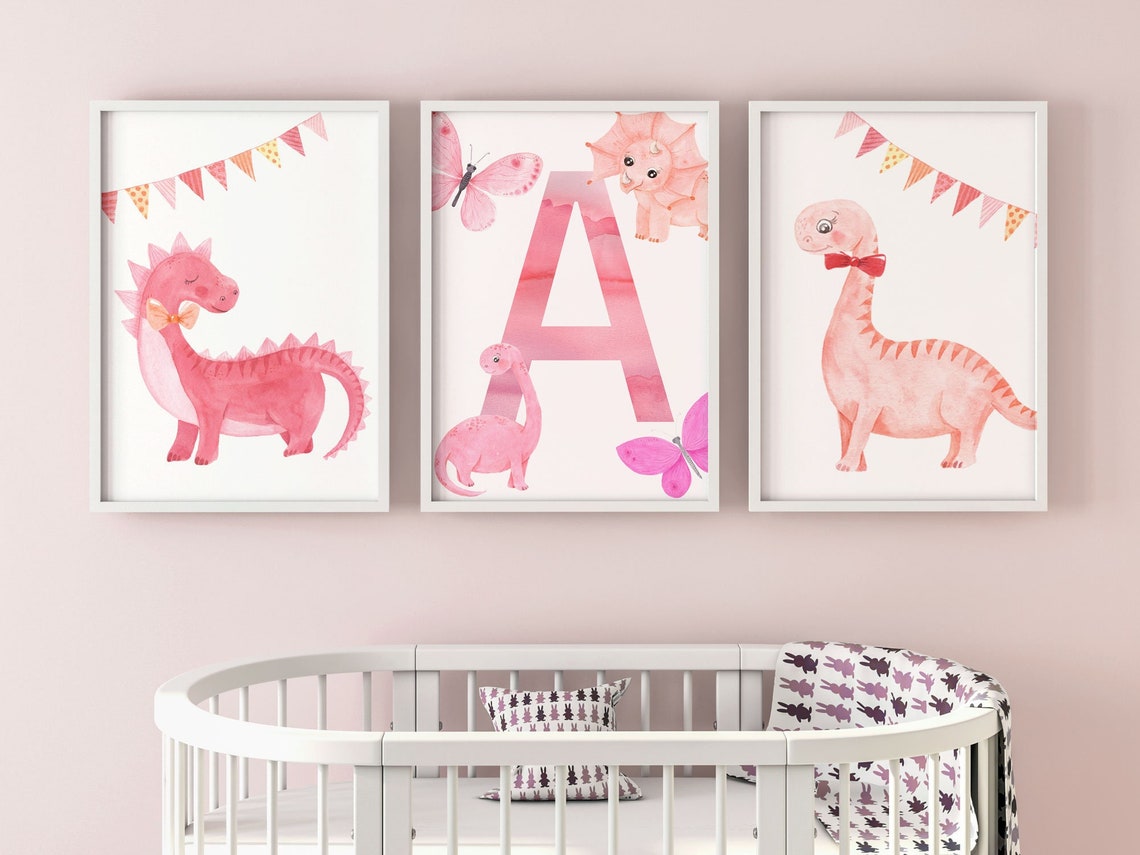 Dinosaur Nursery Art, Girl Nursery Wall art, Blush Pink Dinosaur Personalized Monogram, Customized Dinosaur Printable set of 3 prints Main image