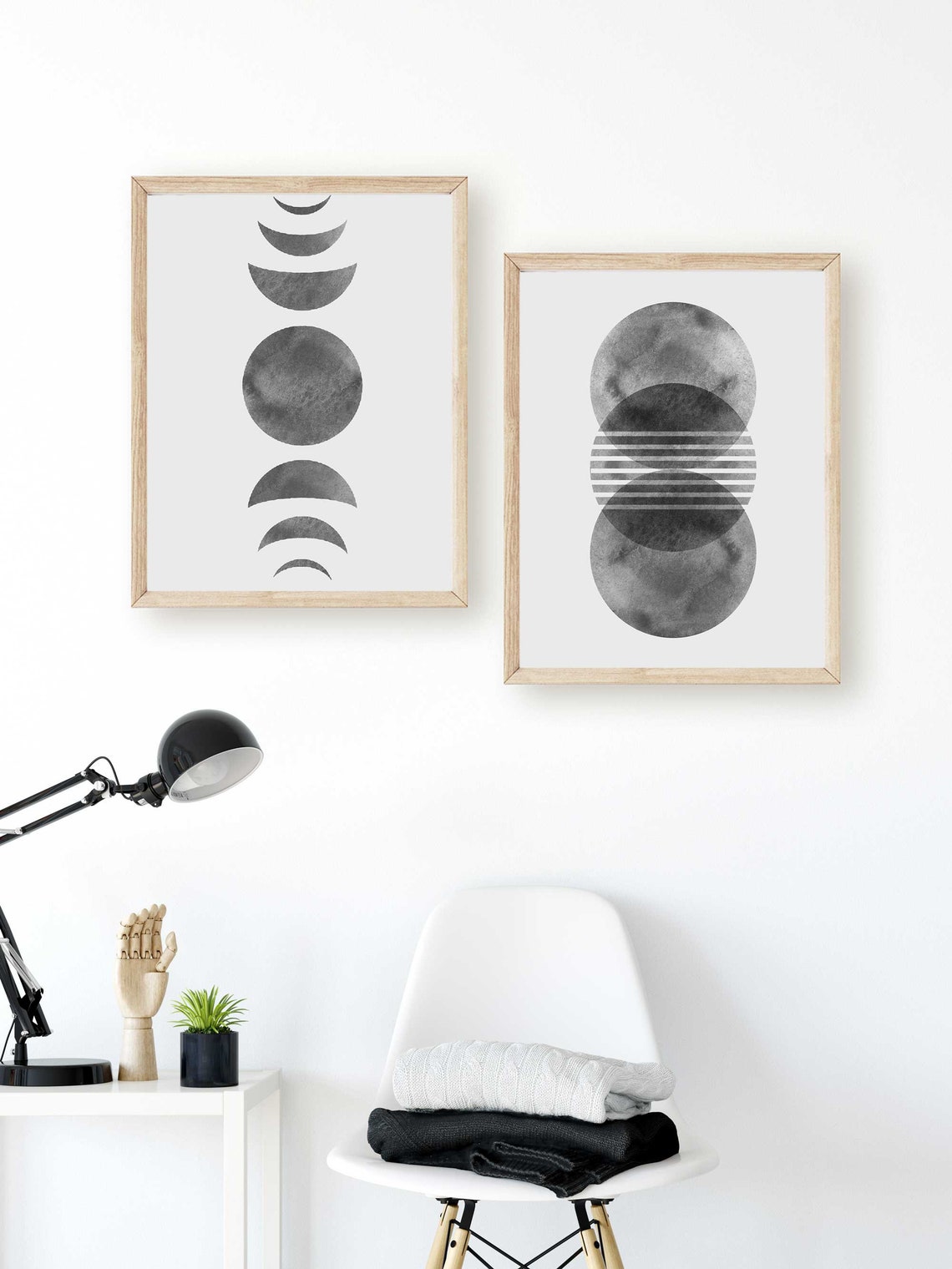 Black and grey Sun Moon Print, Set of 2 Prints, Abstract Sun, Boho Wall Art, Moon Phases Poster, Mid Century Modern Prints