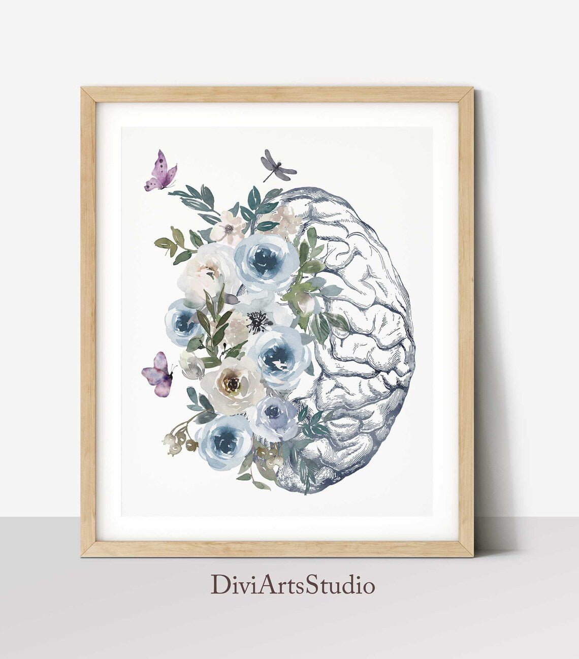 Brain poster, Anatomical Human Brain Print with flowers, Anatomy Poster, Medical Student Gift, Neurologist Decor, Psychologist Gift