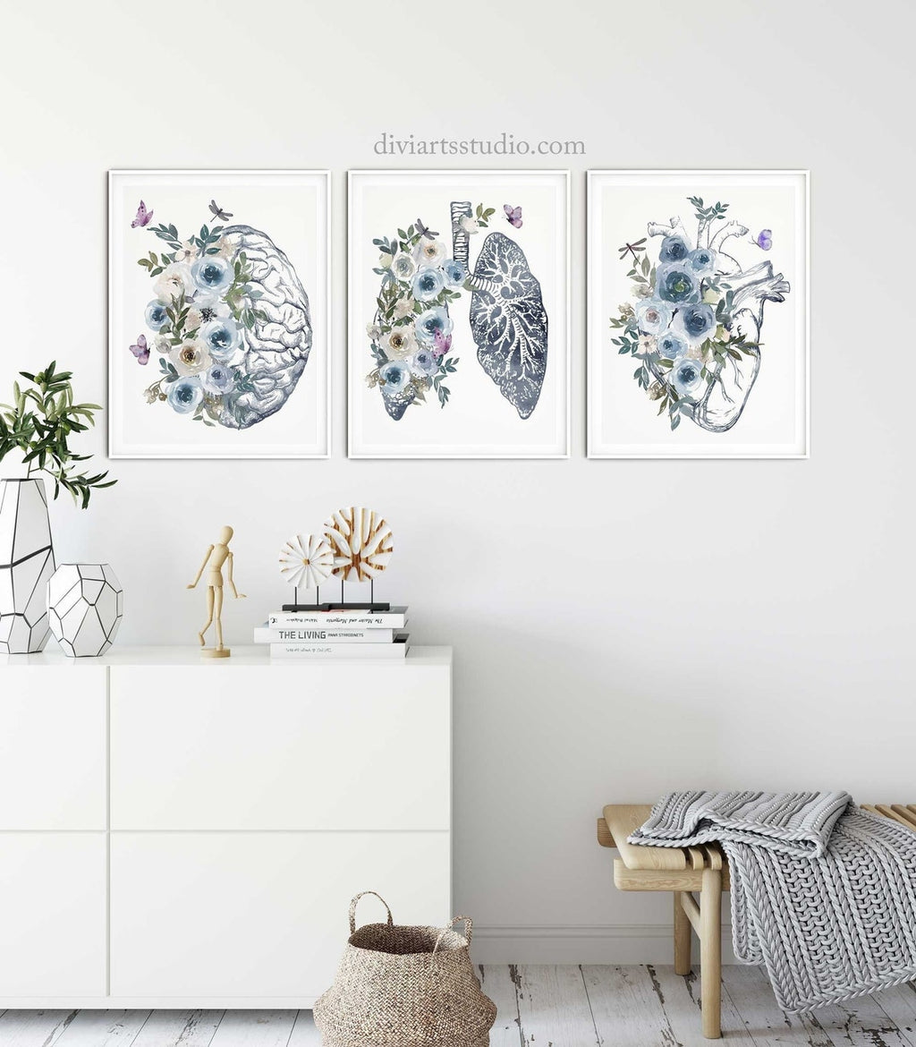 Anatomy Art, Doctor Office, Anatomy Wall Decor, Human Heart, Lungs, Brain Poster, medical student gift, Watercolor Anatomy Flowers