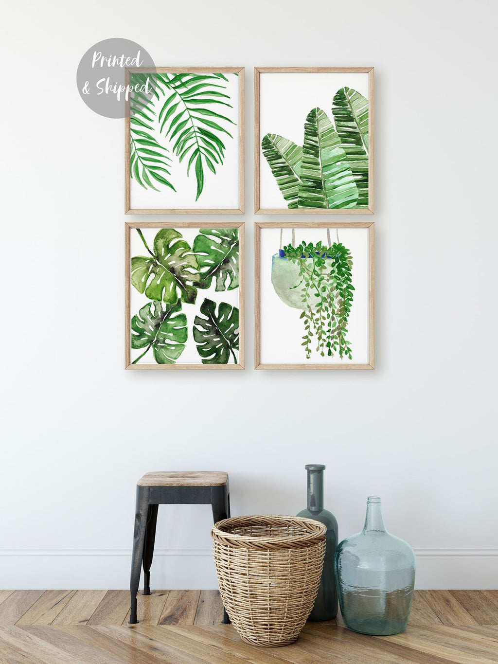 Set of 4 Botanical Leaf Print, Watercolor Tropical Leaf Wall Art, leaf poster, Monstera Leaf Print, Living Room Art, Plant Lovers Gift