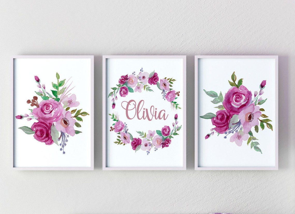Floral Nursery Decor, Pink Flower Nursery, Accent Wall Girl, Floral Prints Nursery, Personalized Baby Name Print, Custom Nursery Wall Art Main image