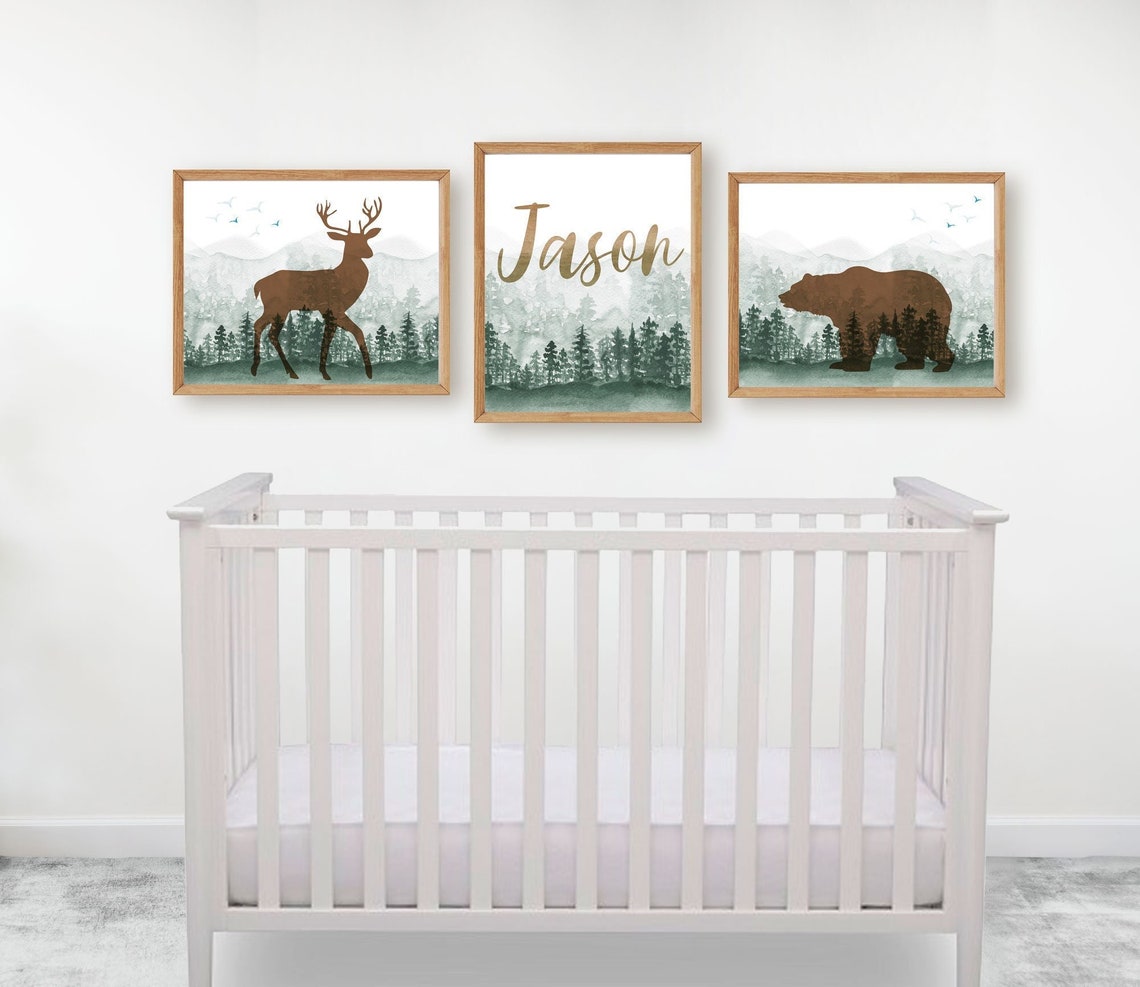 Woodland Nursery Prints Boy, Personalized Name Print, Bear Printable Art, Mountain Deer Wall Art, Camping Poster Main image