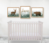 Woodland Nursery Prints Boy, Personalized Name Print, Bear Printable Art, Mountain Deer Wall Art, Camping Poster