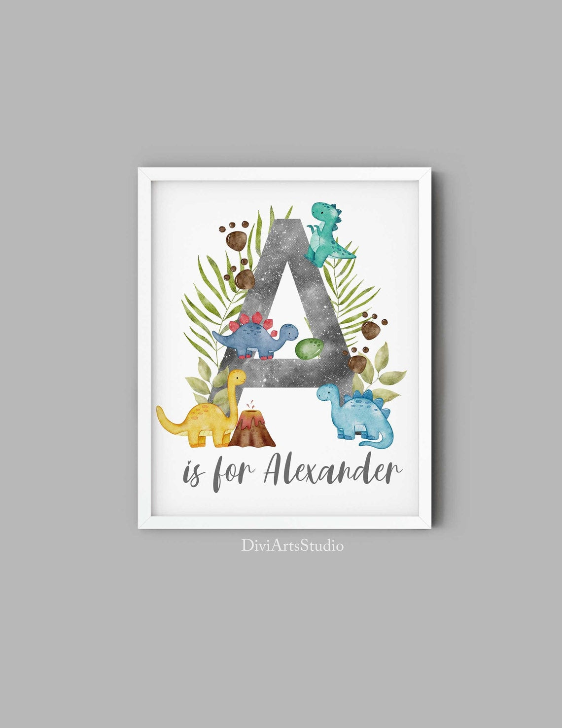 Personalized Dinosaur Nursery Art, Name Initial Print, Trex Stegosaurus Nursery Decor, Customized Dinosaur Wall Art Main image