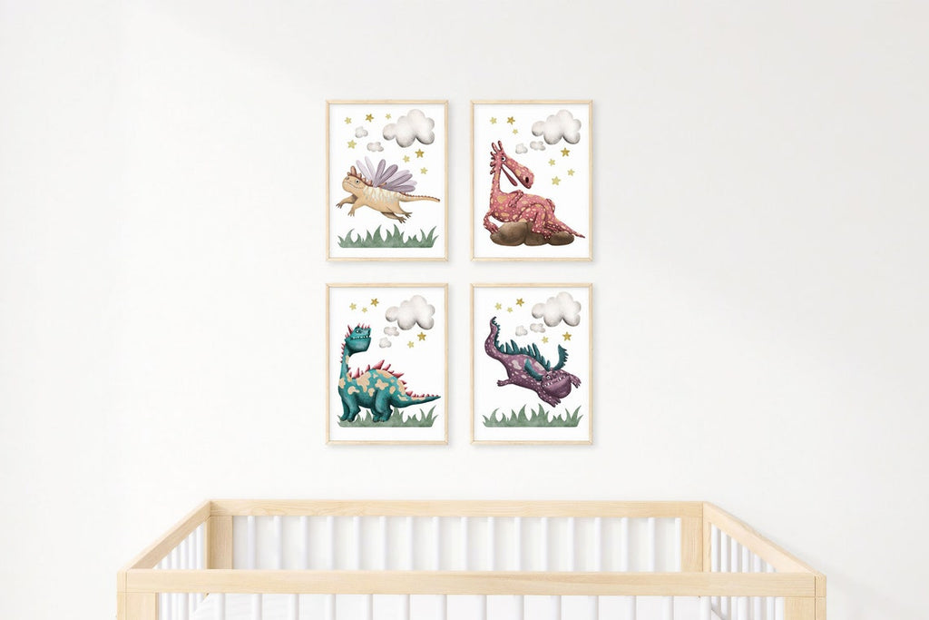 Dragon set of 4 in wooden frames over a nursery cot