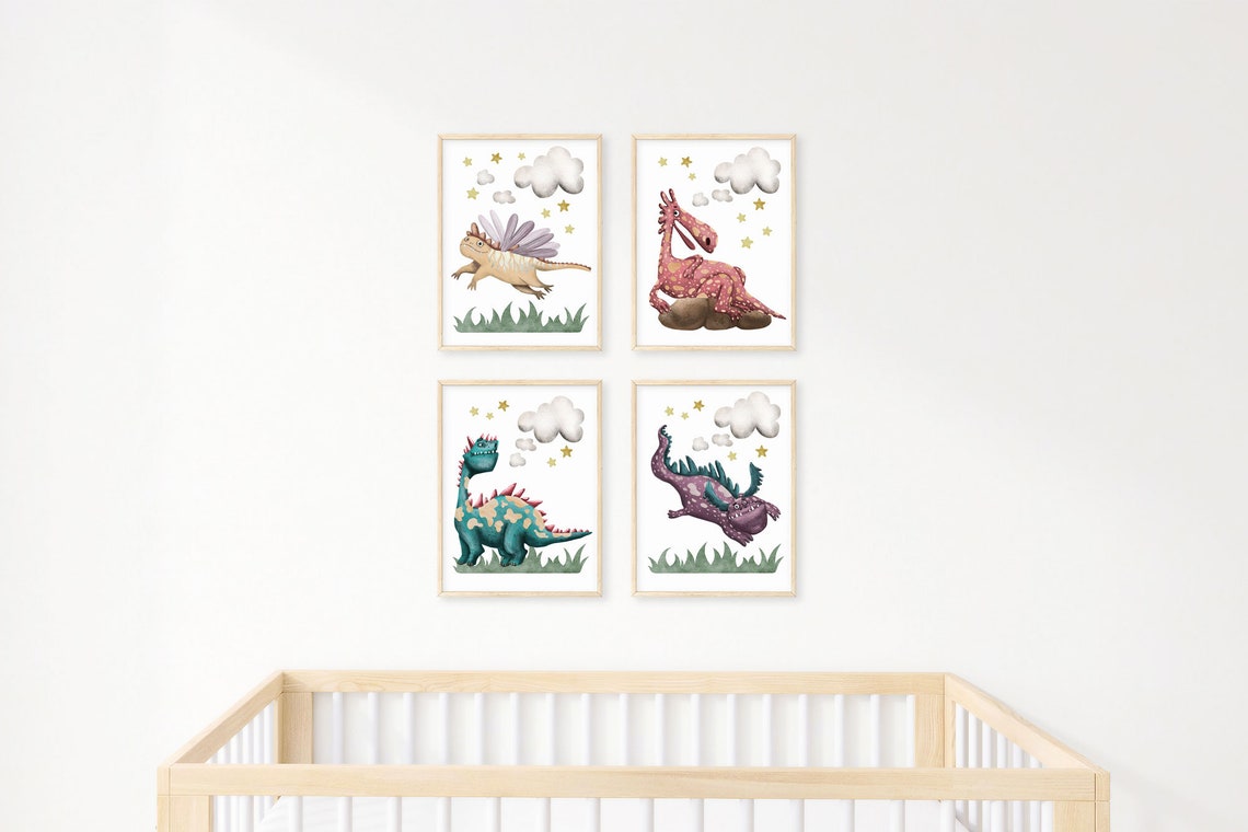 Dragon set of 4 in wooden frames over a nursery cot