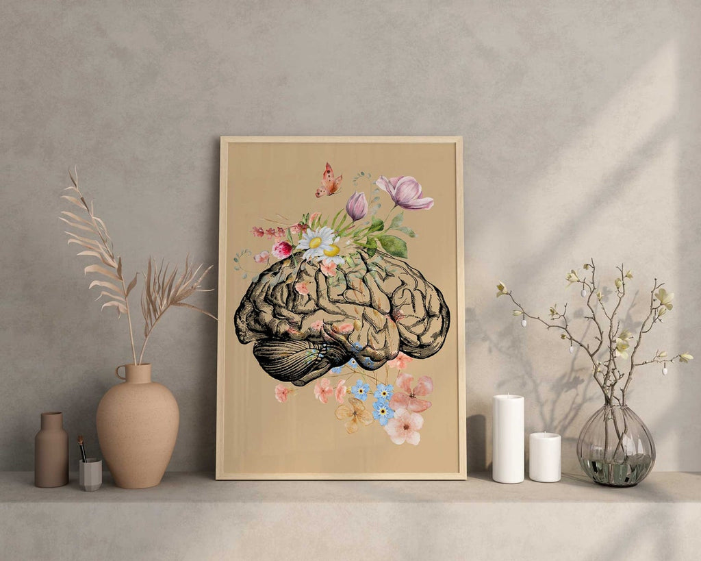 Anatomical Brain with Flowers, Anatomy poster, Human Brain Art print, Future Doctor Gift, Neurology, Psychologist gift