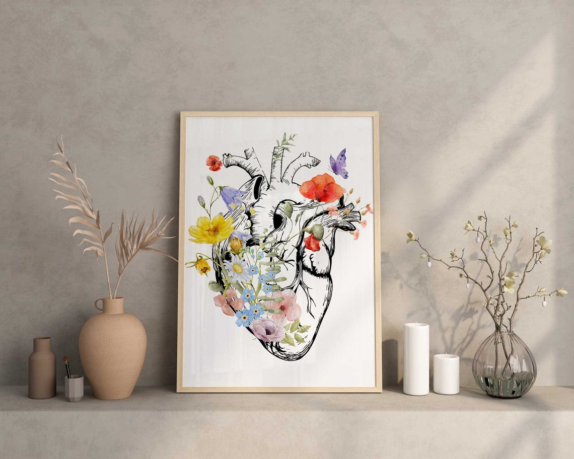 Heart Anatomy Poster, Human Heart Print with flowers, Med student Gift Idea Main image