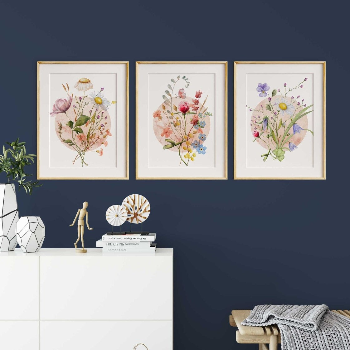 Watercolor Botanical Print Set of 3, Gallery Wall Art, Floral Printable Art,  Wild Flowers Art Floral Line Art, Modern Home Decor Art 