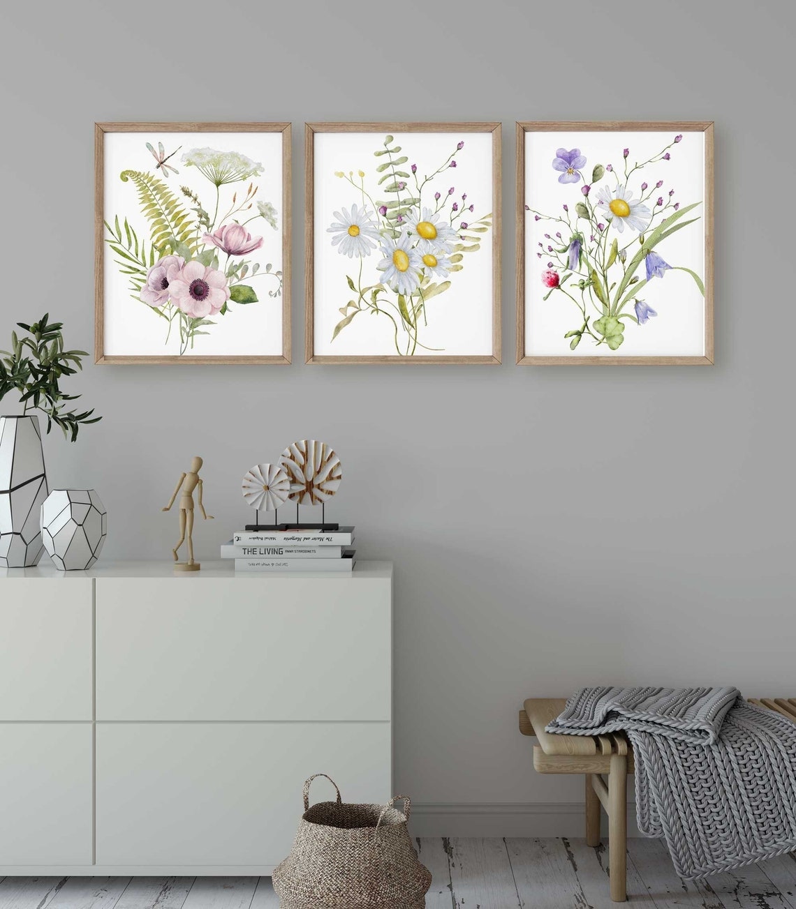 Wildflowers Print, Floral Set of 3 Prints, Wildflowers Daisy Illustration, Abstract Flowers Wall Art, Farmhouse Décor