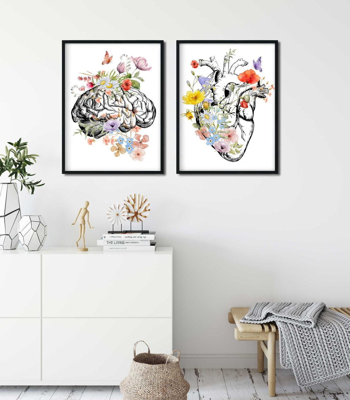 Medical Wall Art Set of 2, Heart and Brain Floral Anatomy Wall Arts Secondary image