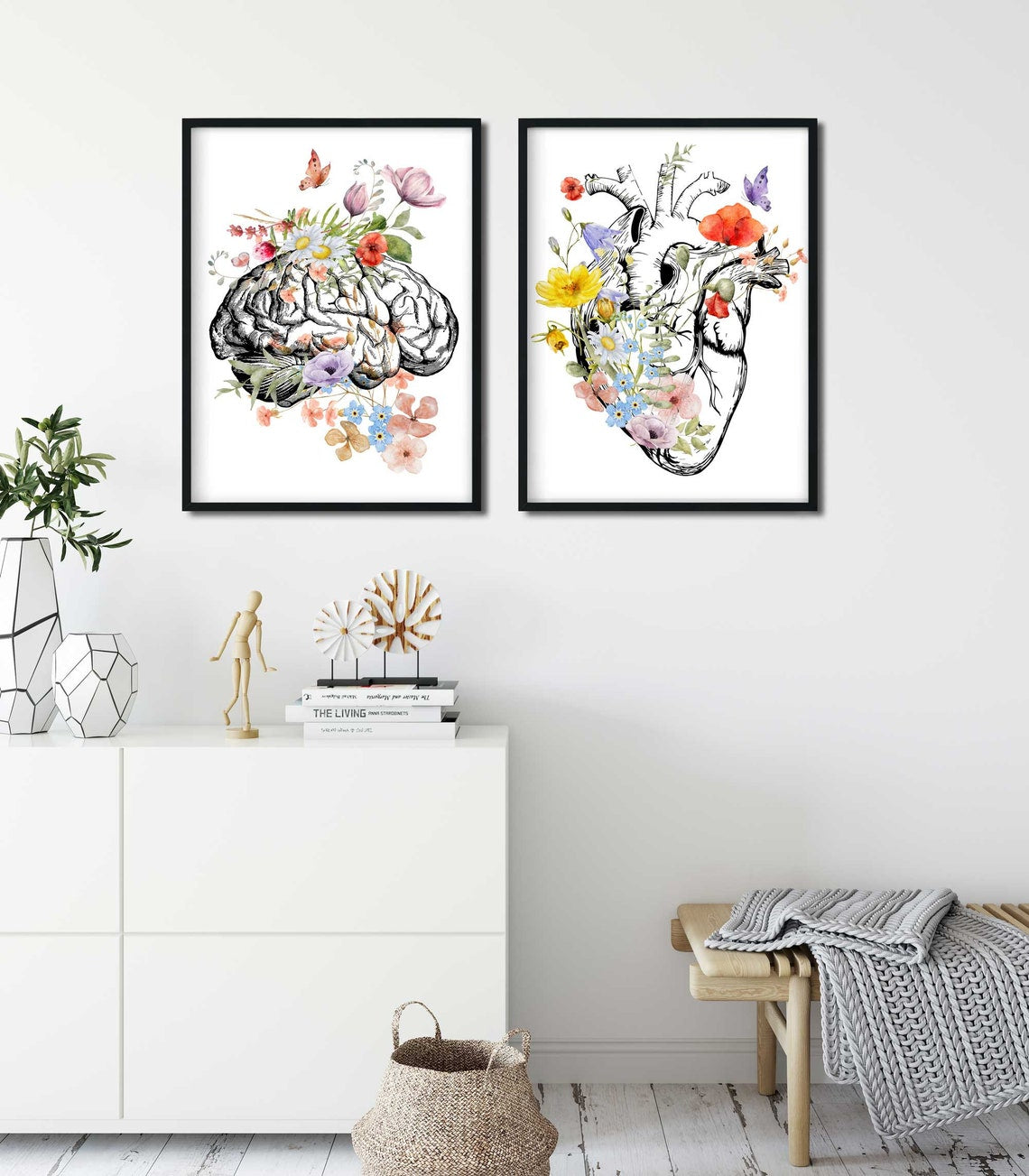 Brain Anatomy Poster, Floral Heart Print Set of 2 , Medical Student Gift, Doctor Office Decor, Psychologist Gift, Anatomical Art