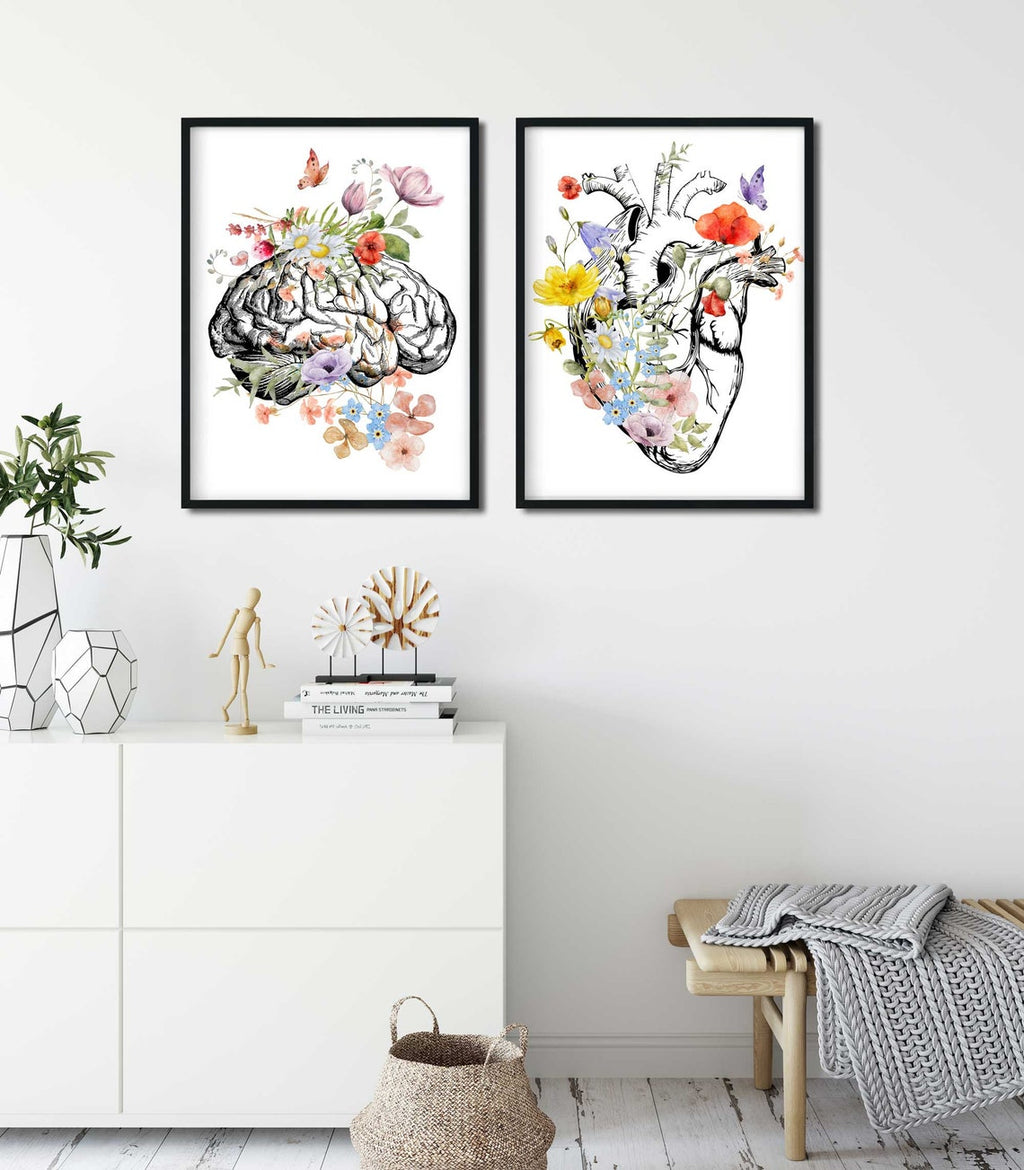 Brain Anatomy Poster, Floral Heart Print Set of 2, Medical Student Gift, Doctor Office Decor, Psychologist Gift, Anatomical Art