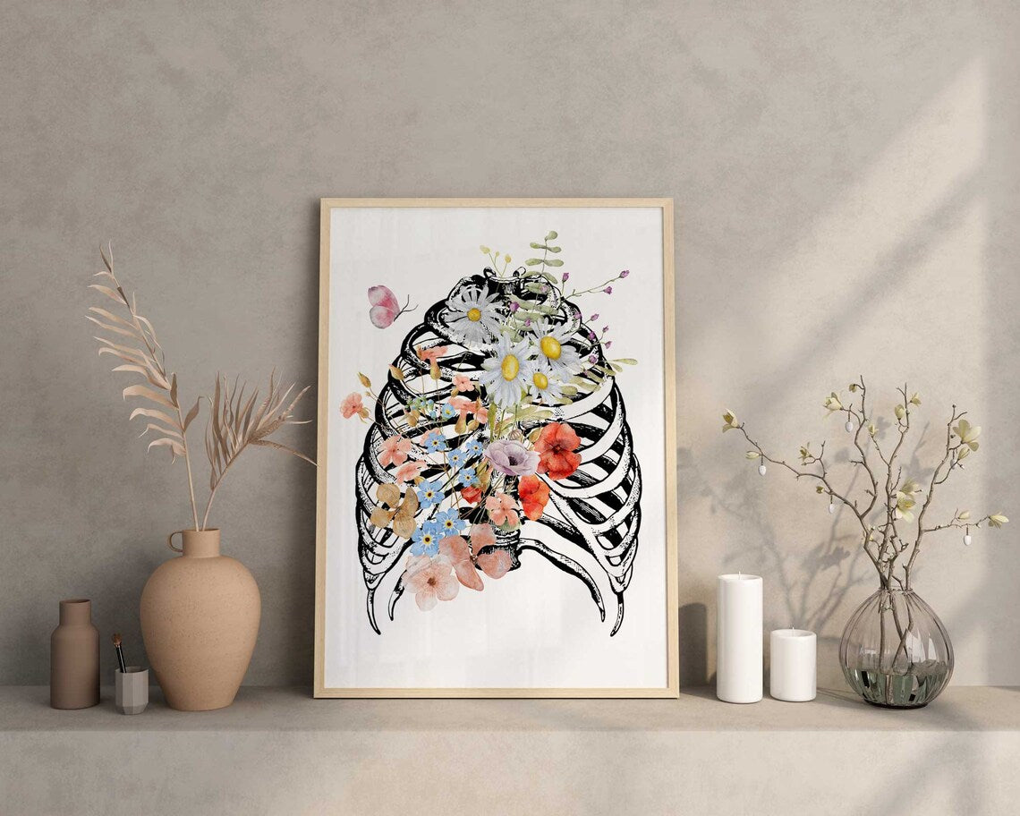 Anatomy Art Print, Rib Cage Poster, Orthopedic Doctor Office Décor, Rib Cage Flowers, Human Thorax Print, Medical Art Main image