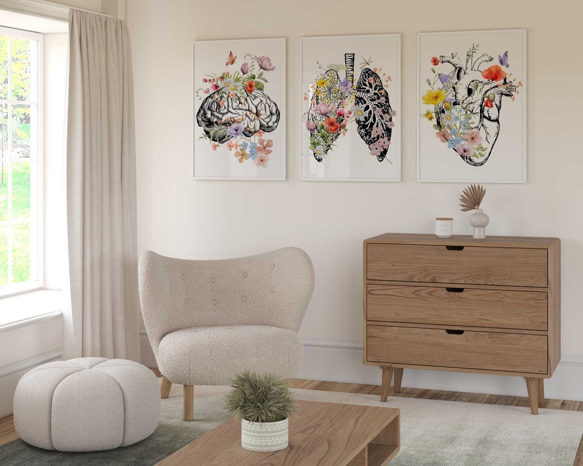 Anatomy Art Set, Brain Heart Lungs wall Art, Medical student gift, Doctor Office Decor, Watercolor Anatomical floral Print Main image