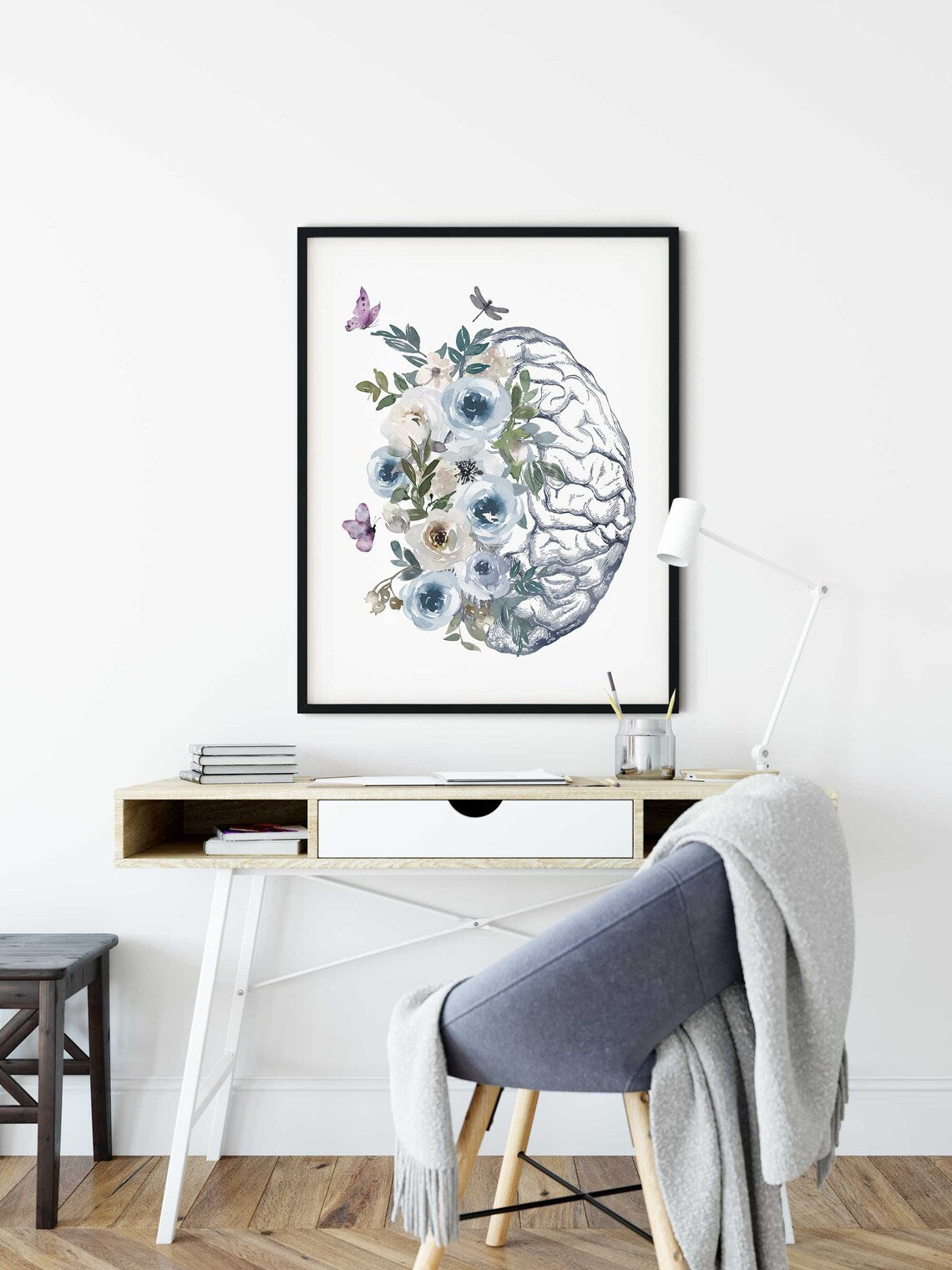 Brain poster, Anatomical Human Brain Print with flowers, Anatomy Poster, Medical Student Gift, Neurologist Decor, Psychologist Gift Main image