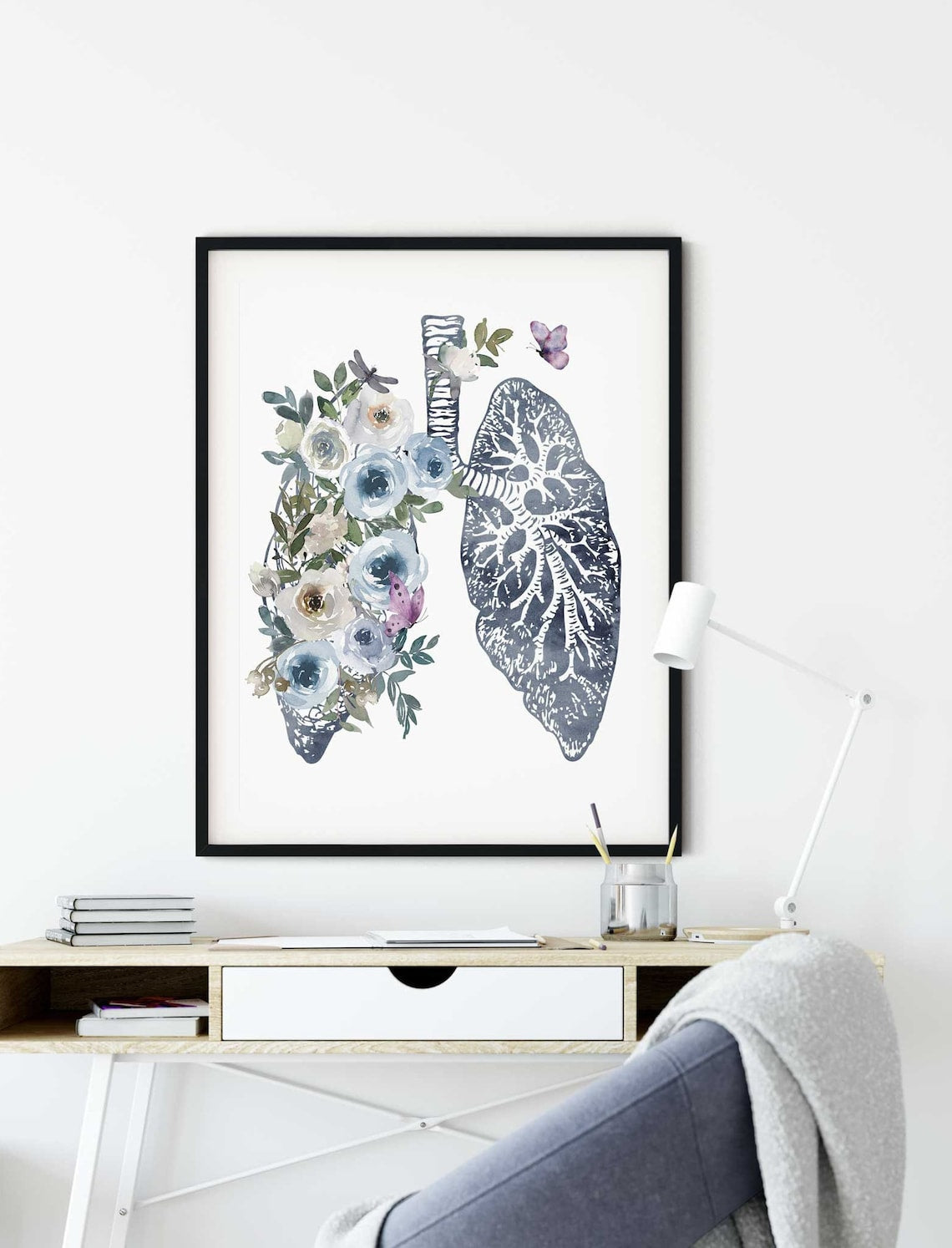Lungs Art, Anatomy Poster, Medical Wall Art, Doctor Office Decor, Med Student Graduation Gift, Watercolor Lungs With Flowers Main image