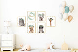 Set of 6 Safari Nursery Prints, Personalized Name Sign Boy