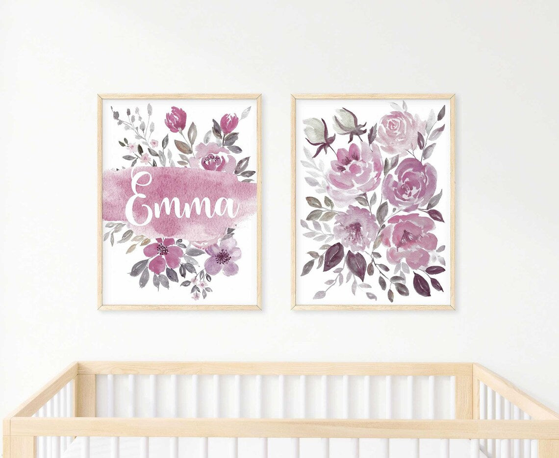 Nursery Name Print, Blush Floral Personalized Name Print, Nursery Decor Girl, Set of 2 Wall Art, Watercolor Flowers Artwork, Custom Nursery Main image