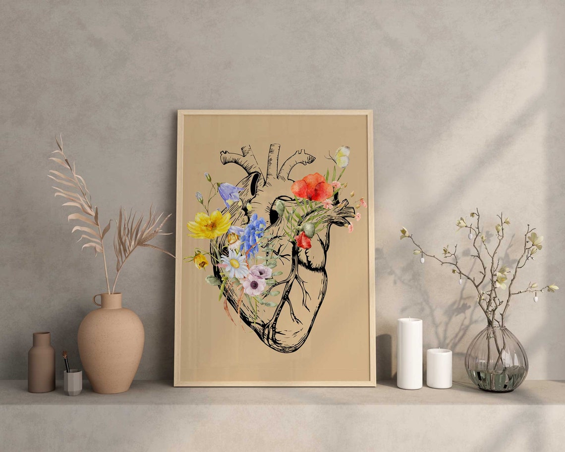Anatomy Heart Print, Med School Gift, Human Heart with flowers, Cardiologist Office Decor, Cardiology Art, Anatomy Poster Main image