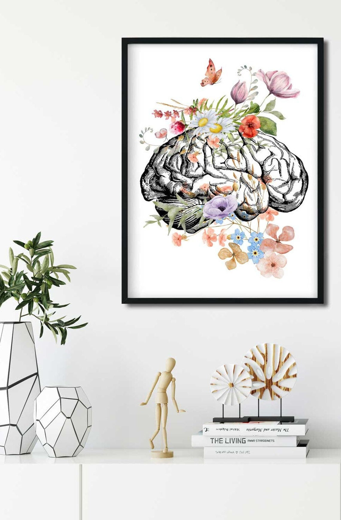 Brain Anatomy Poster, Watercolor Brain Art Flower, Psychology Student Illustration, Neurologist, Psychologist Gift, Mental Health Print