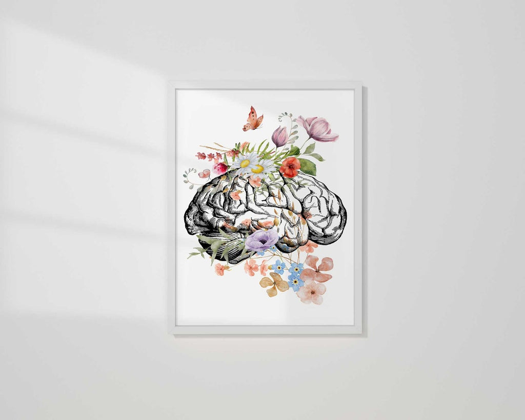 Brain Anatomy Poster, Floral Heart Print Set of 2, Medical Student Gift, Doctor Office Decor, Psychologist Gift, Anatomical Art