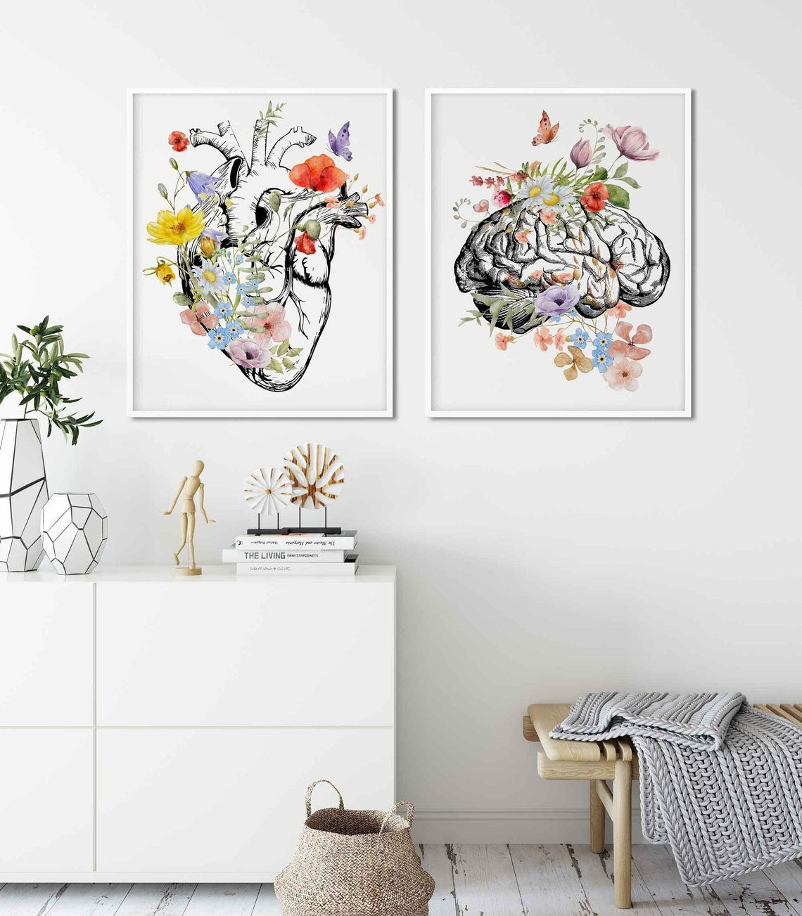 Brain Anatomy Poster, Floral Heart Print Set of 2, Medical Student Gift, Doctor Office Decor, Psychologist Gift, Anatomical Art Main image
