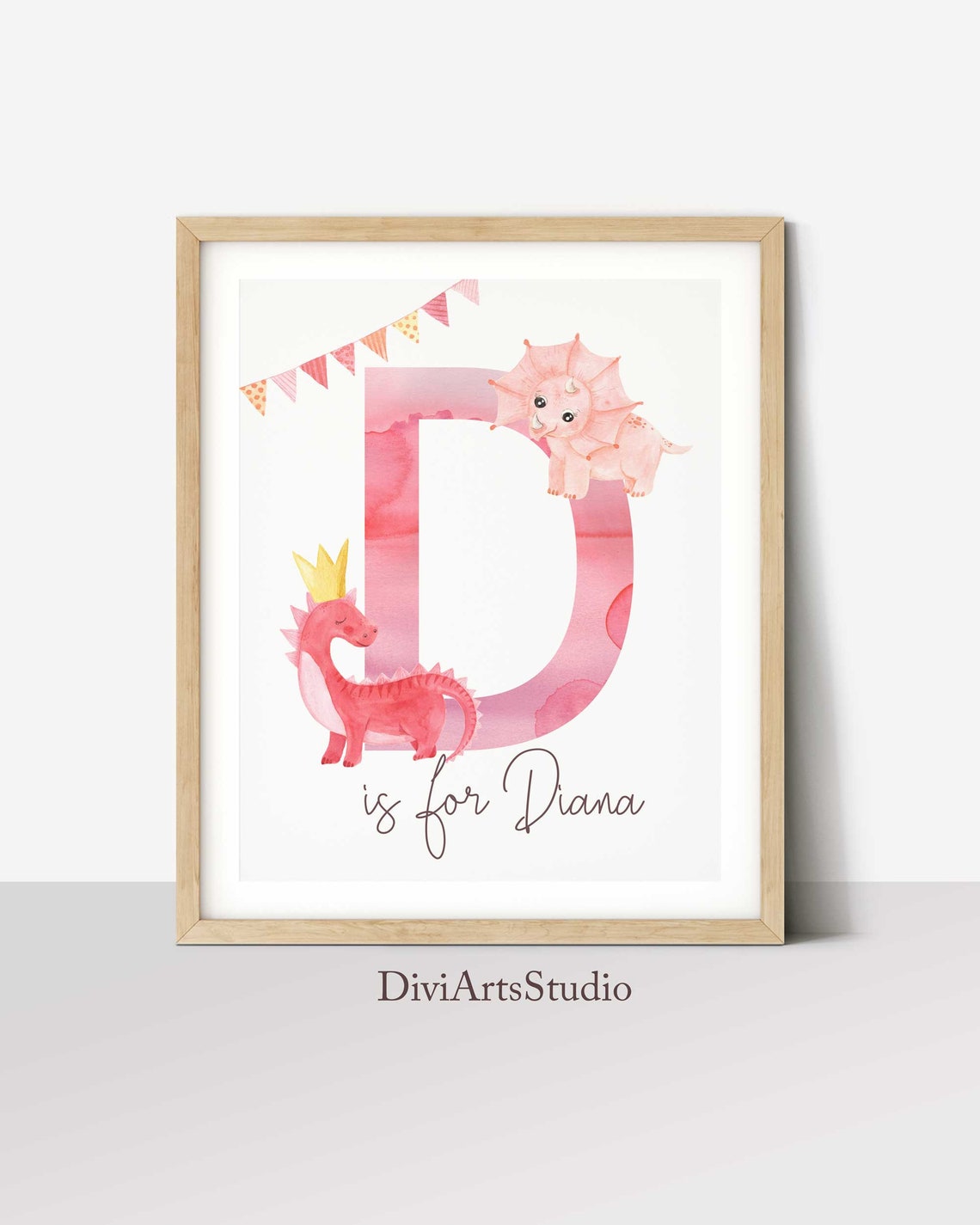 Personalized Girl Nursery Dinosaur, Blush Pink Wall Art, Nursery Print, Name Sign for nursery girl Main image