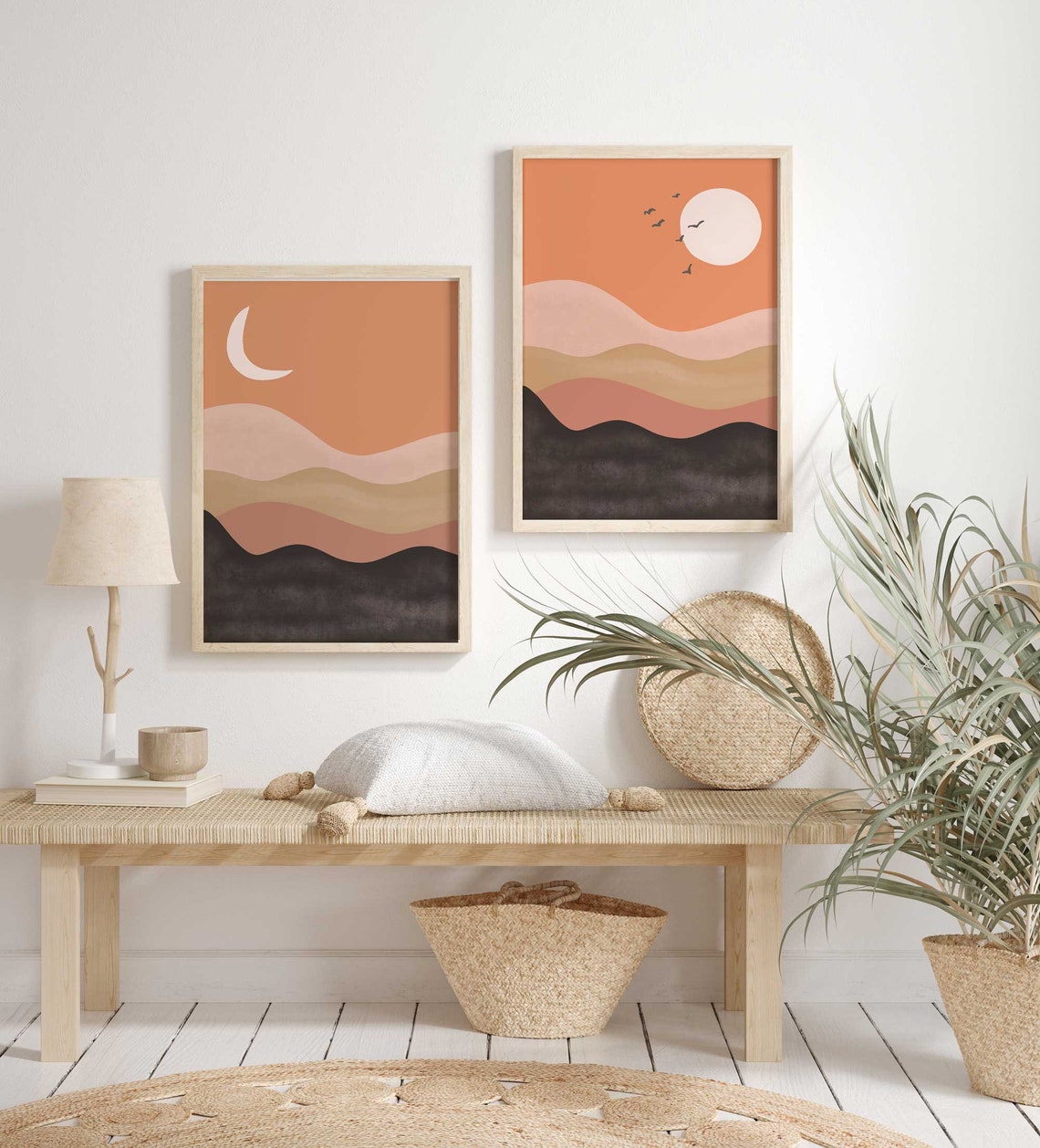 Mid century abstract art, Sun desert wall art, Sun Moon Art, Modern Terracotta print, Boho wall decor, Set of 2 Prints