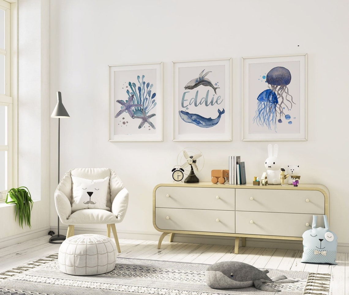 Set of 3 Baby Name for Nursery Art Prints, Baby Boy Nursery Nautical