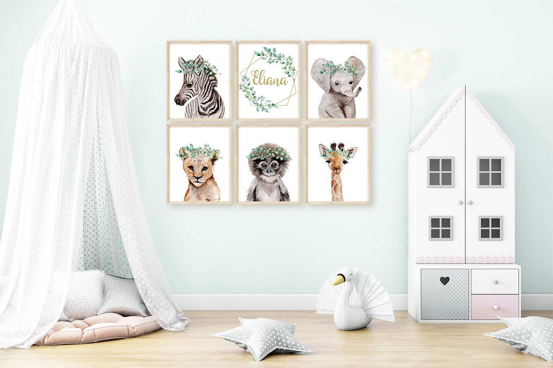 Safari Nursery Prints, Personalized Name Sign Boy, Animals Gender Neutral Art, Elephant, Giraffe, zebra, monkey, lion wall décor, Set of 6 Main image