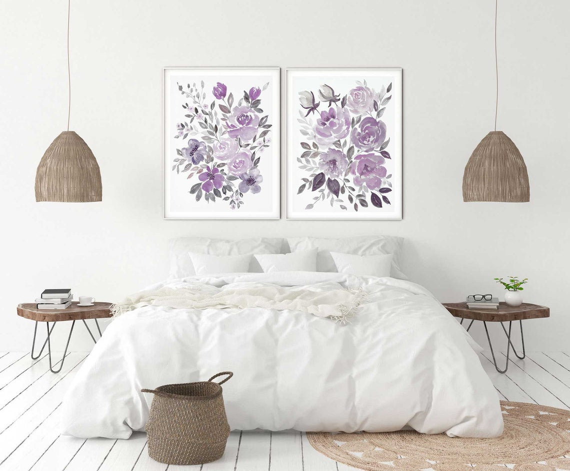 Abstract Floral Painting, Peony Large floral wall art, Lavender Purple Flower Print, Living room decor, Set of 2 Prints, Lilac artwork