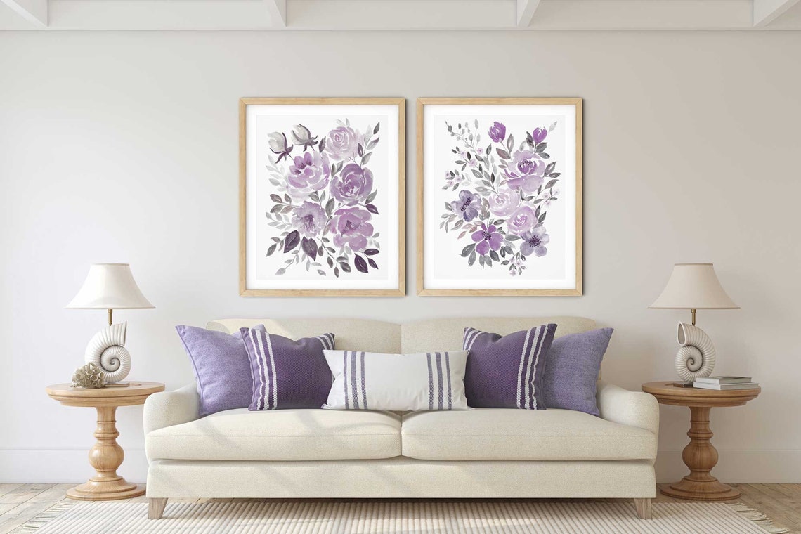 Abstract Floral Painting, Peony Large floral wall art, Lavender Purple Flower Print, Living room decor, Set of 2 Prints, Lilac artwork