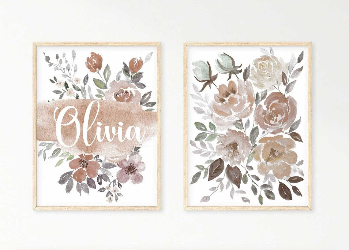 Set of 2 Brown Floral Art Printable, Lilac Custom Name Sign For Nursery Girl