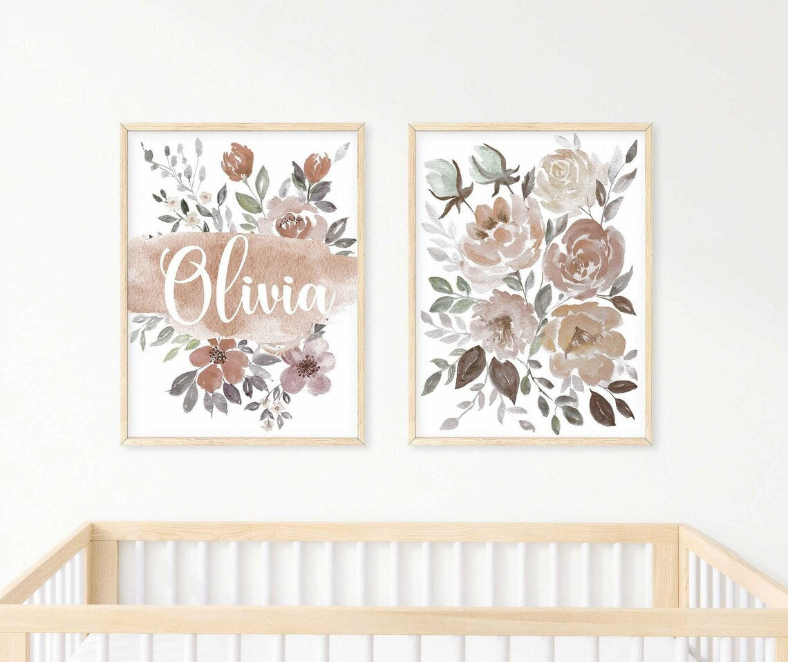 Boho Nursery Name, Floral Personalized Name Print, Boho Nursery Decor Girl, Set of 2 Wall Art, Flowers Kids Room Art Printable, Baby Gifts Main image