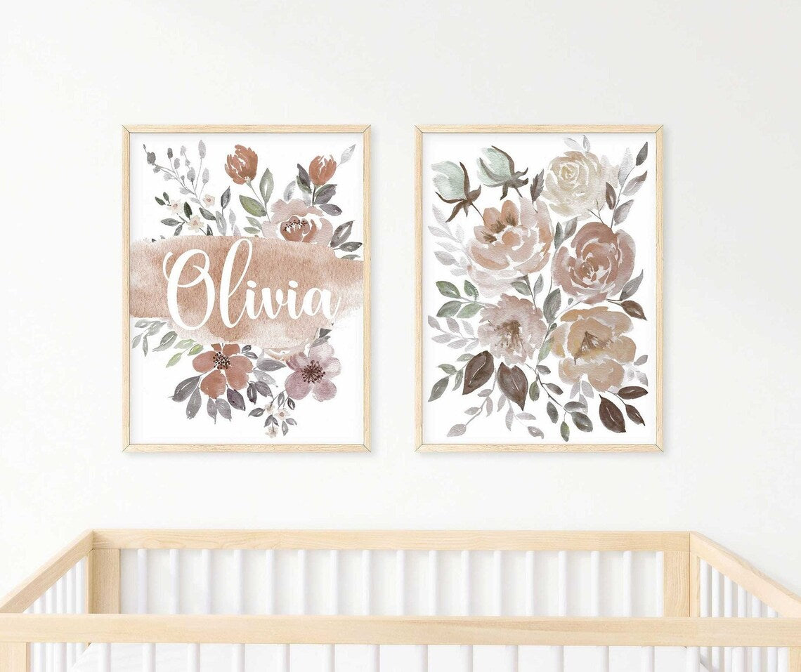 Boho Nursery Name, Floral Personalized Name Print, Boho Nursery Decor Girl, Set of 2 Wall Art, Flowers Kids Room Art Printable, Baby Gifts
