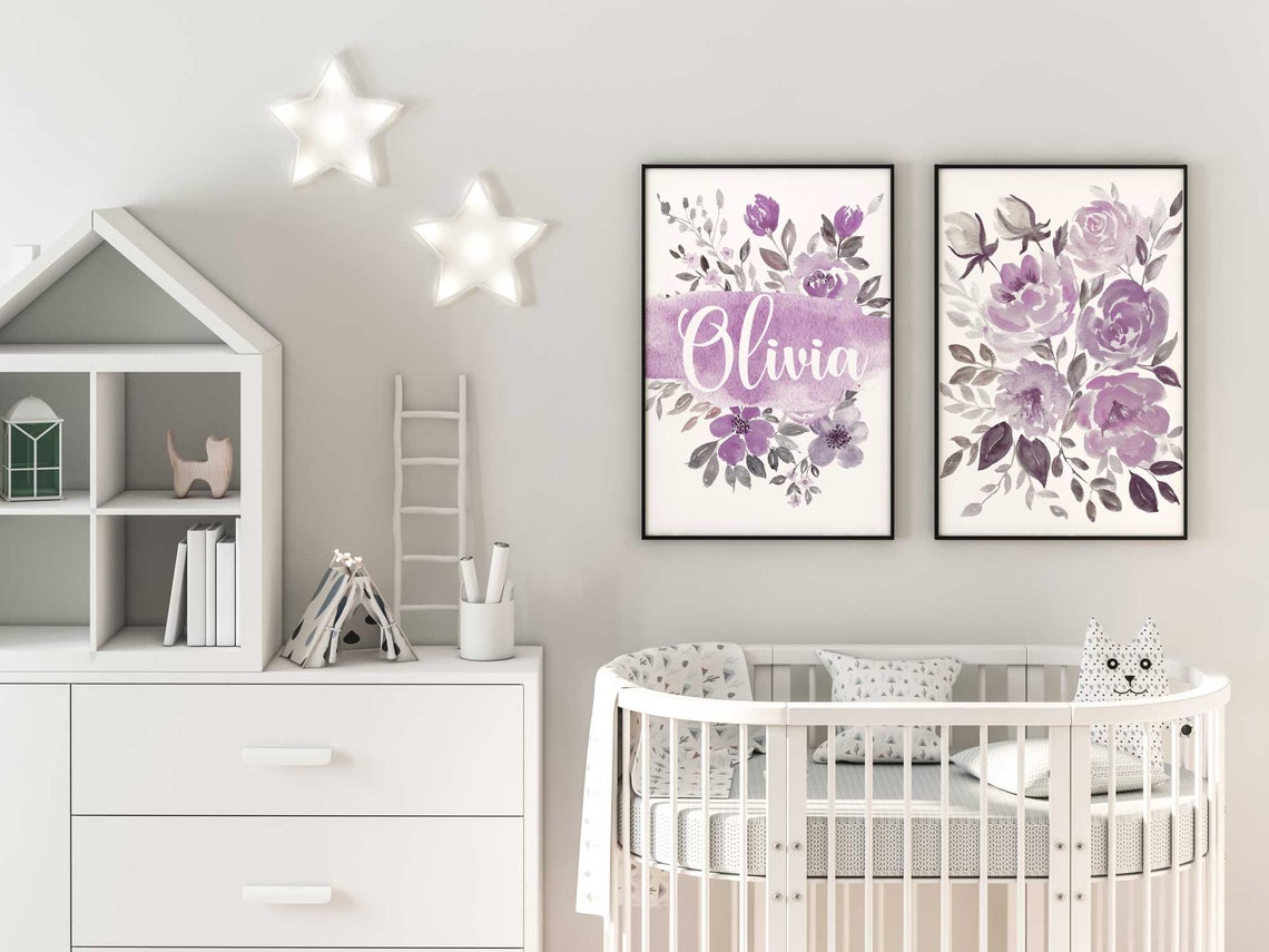 Set of 2 Purple Floral Art Printable, Lilac Custom Name Sign For Nursery Girl