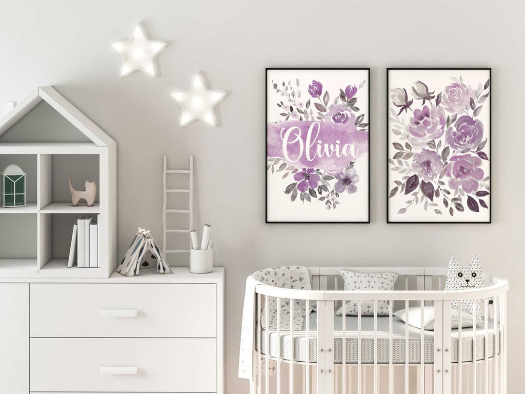 Set of 2 Purple Floral Art Printable, Lilac Custom Name Sign For Nursery Girl