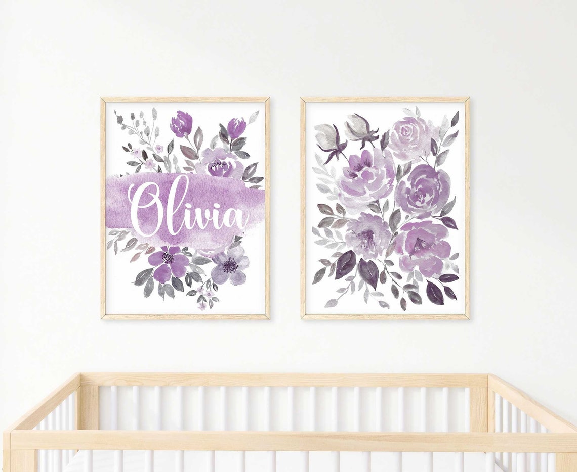 Personalized Nursery Decor Girl, Purple floral Art Printable, Lilac Custom Name Sign for Nursery Girl, Lavender Baby Room Décor Main image