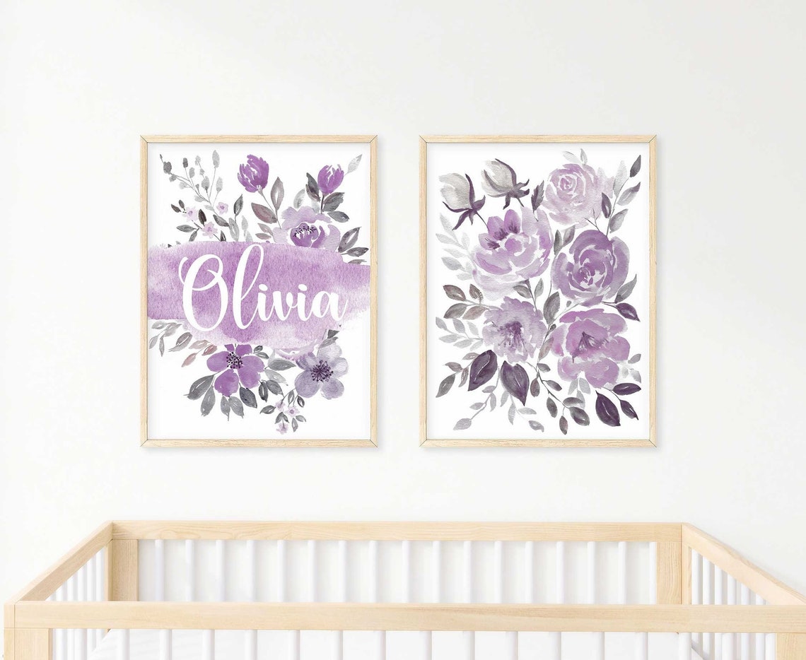 Personalized Nursery Decor Girl, Purple floral Art Printable, Lilac Custom Name Sign for Nursery Girl, Lavender Baby Room Décor
