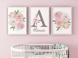 Set of 3 Nursery Name Sign, Girl Personalize Floral Artwork for Bedroom
