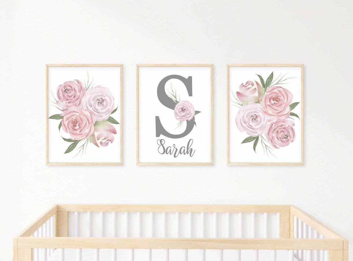 Nursery Name Sign, Girl Personalize Floral Artwork, Blush Pink Wall Art Nursery Prints, Baby Girl Room flowers Decor, Printable Art Main image