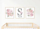 Set of 3 Nursery Name Sign, Girl Personalize Floral Artwork for Bedroom