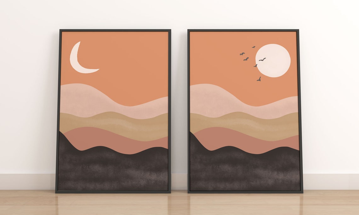 Mid century abstract art, Sun desert wall art, Sun Moon Art, Modern Terracotta print, Boho wall decor, Set of 2 Prints Main image