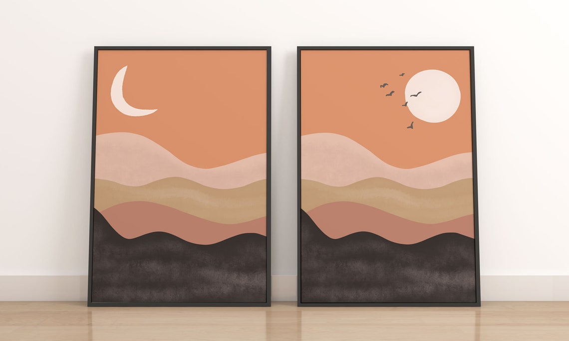 Mid century abstract art, Sun desert wall art, Sun Moon Art, Modern Terracotta print, Boho wall decor, Set of 2 Prints